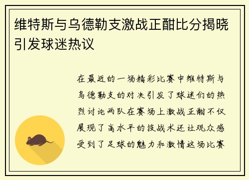 维特斯与乌德勒支激战正酣比分揭晓引发球迷热议